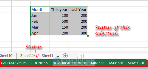 excel bar status exceldemy cells selected showing sheet information