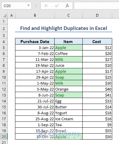 Overview Image to Find and Highlight Duplicates in Excel