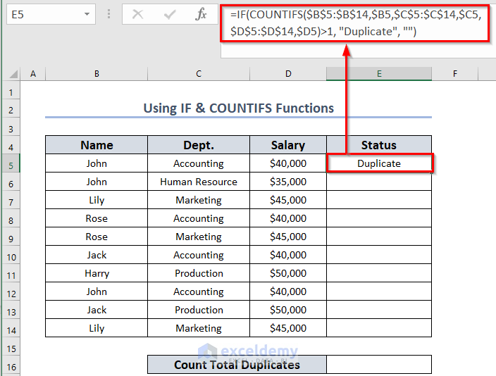 Use of COUNTIFS Function to Find Duplicates Rows