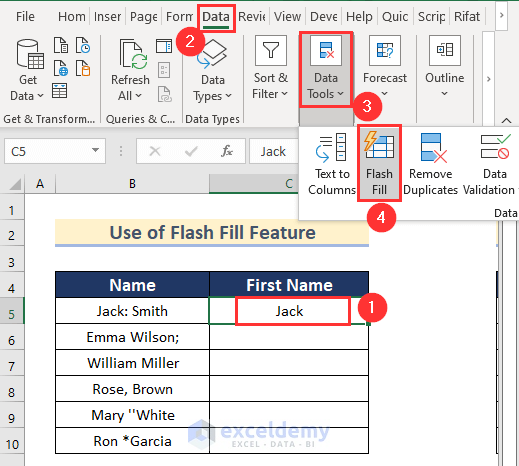 Use of Flash Fill Feature for Automated Data Cleaning in Excel