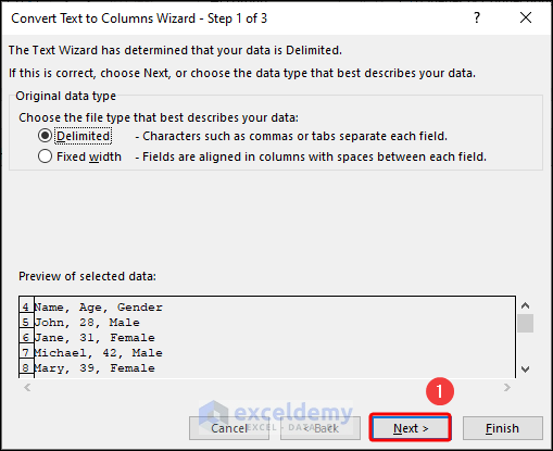 step 1 of Convert Text to Columns Wizard in Excel