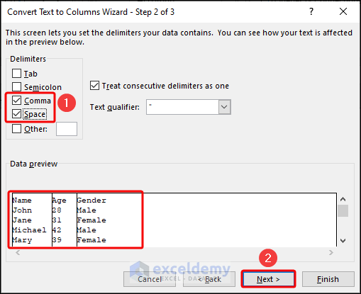 step 2 of Convert Text to Columns Wizard in Excel