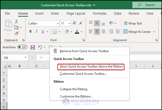 selecting show quick access toolbar above the ribbon option
