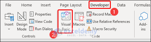 selecting visual basic option from Developer tab