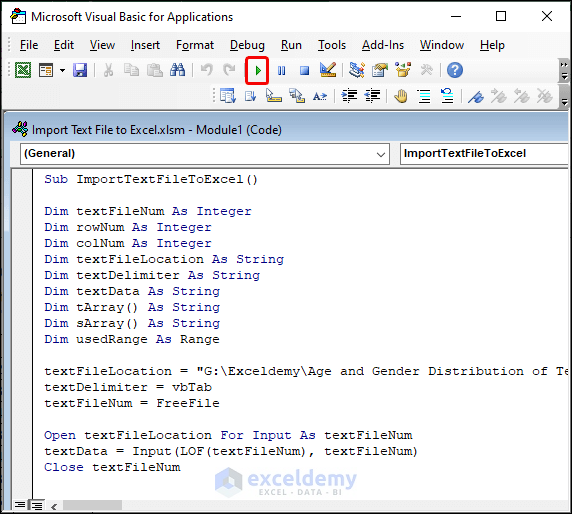 executing vba code to import text file to Excel