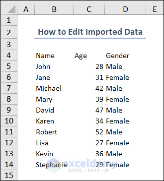raw data after importing from text file to excel