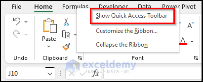 selecting Show Quick Access Toolbar