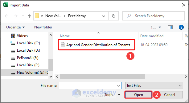 opening text file using Import Data dialog box