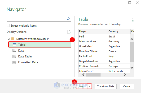 Select the Table in the Workbook and Load