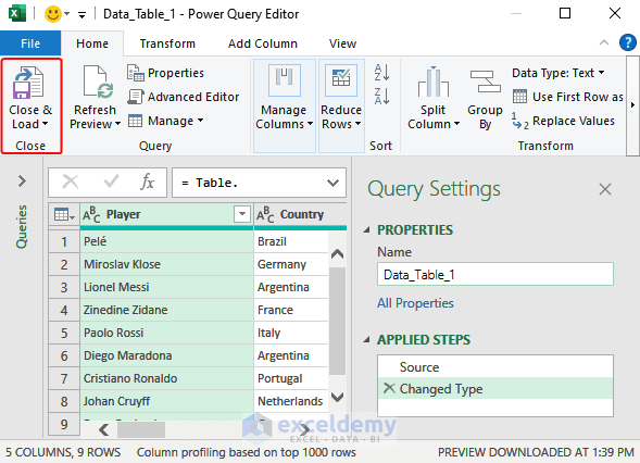 Click on Load&Close in the Power Query Editor