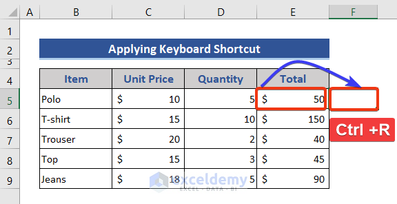Copying formula in the right side with relative references in Excel