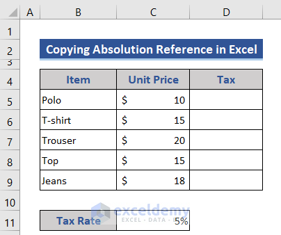 Dataset for calculating formula based on absolute references in Excel