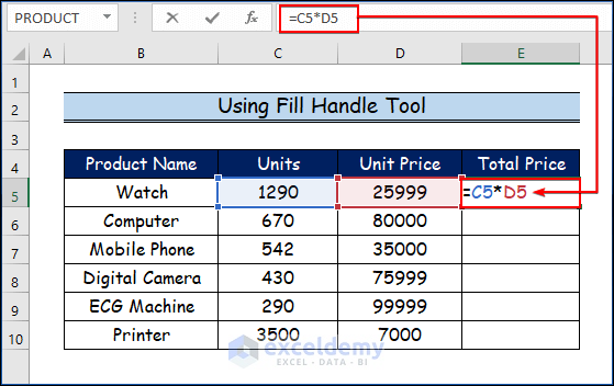 Using Fill Handle Tool to Copy Formula in Entire Column
