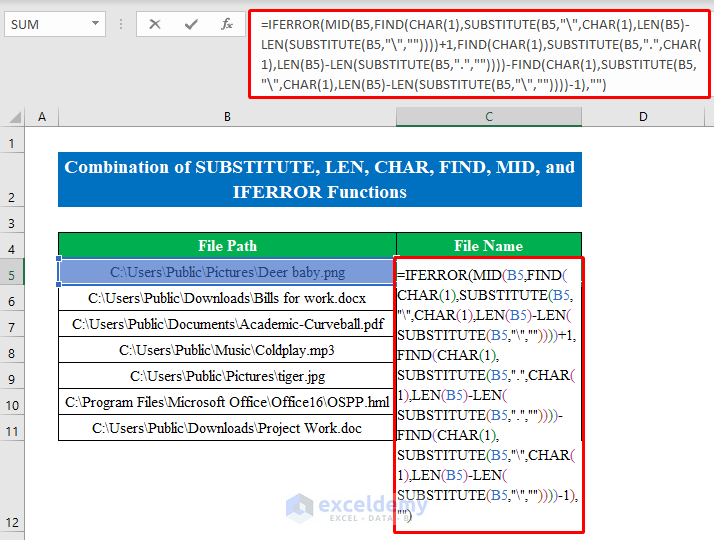 Perform SUBSTITUTE, LEN, CHAR, FIND, MID, and IFERROR Functions to Get Filename Without Extension from Path in Excel