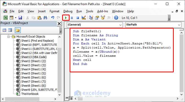 Apply VBA Code to Get Filename from Path in Excel