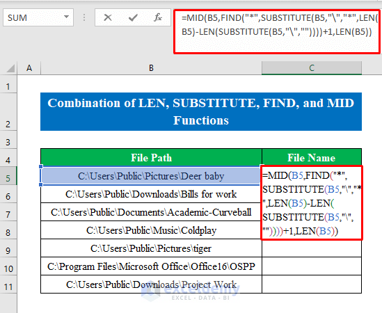 Combine LEN, SUBSTITUTE, FIND, and MID Functions to Get Filename from Path in Excel