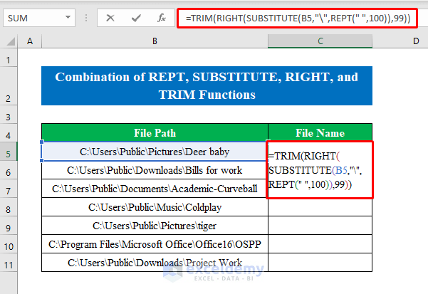 Combine REPT, SUBSTITUTE, RIGHT, and TRIM Functions to Get Filename from Path in Excel