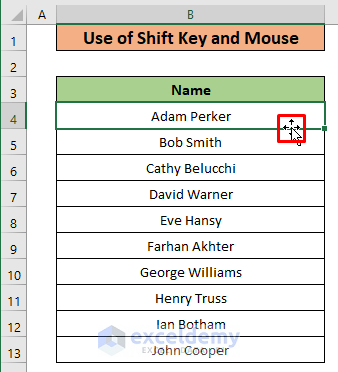 Use Shift Key and Mouse to Move Rows Down in Excel