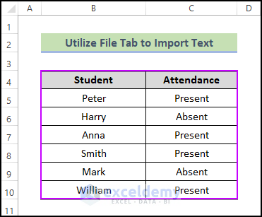 Utilize File Tab to Import Text File to Excel