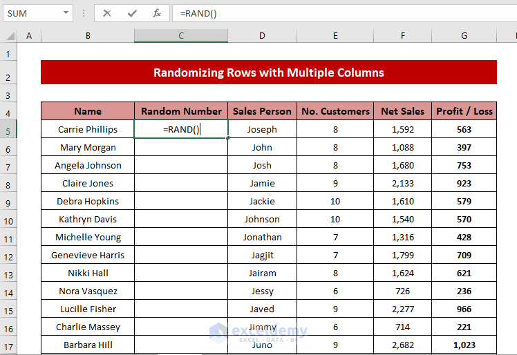 RAND Function to Randomize Rows in Excel