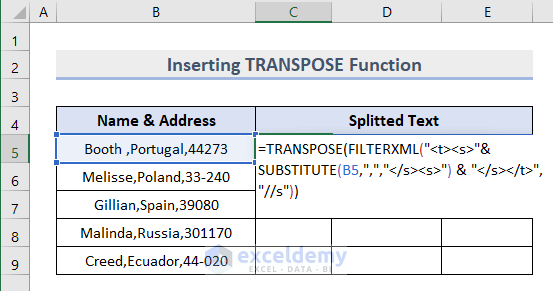 Insert TRANSPOSE Function for Splitting Text in Excel