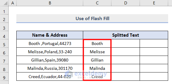 Split Text with Flash Fill in Excel