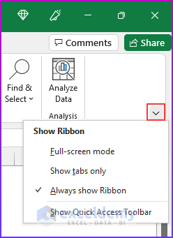 Showing Ribbon Option for Excel Spreadsheets