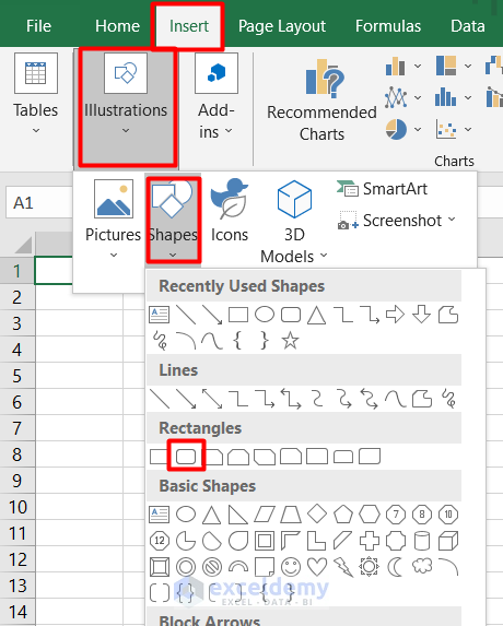 Add a shape by Excel ribbon tabs