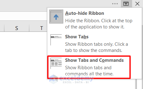 Show ribbon tabs and commands on excel ribbon