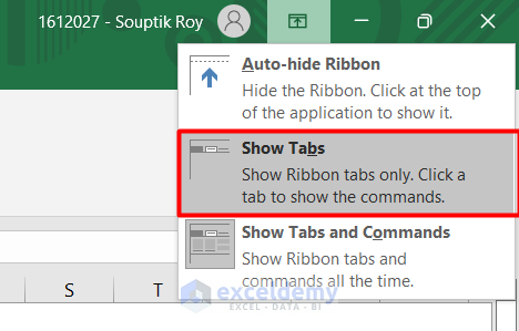 Show tabs in excel ribbon