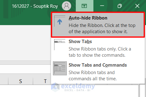 Auto hide toolbar in excel ribbon