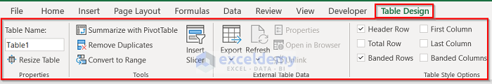 Showing Table Design tab to Use Contextual Tab in Excel