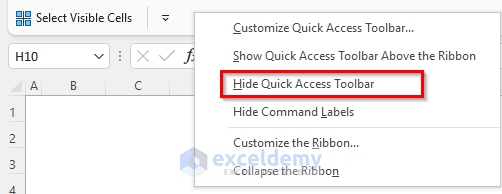 hiding to customize quick access toolbar in excel