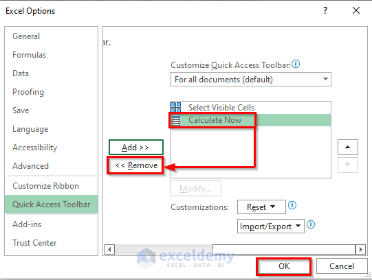 removing to customize quick access toolbar in excel
