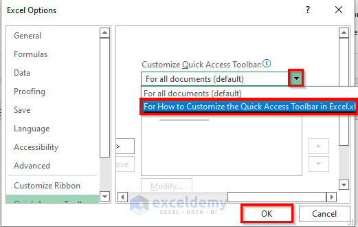 set current workbook to customize quick access toolbar in excel
