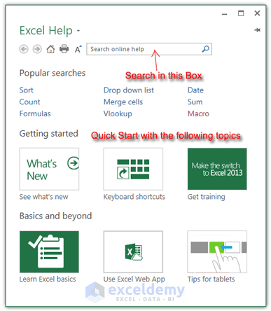 Excel 2013 Help Window