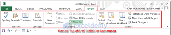 Excel 2013 Ribbon for Review Tab