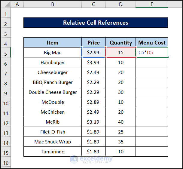 entering relative cell reference excel