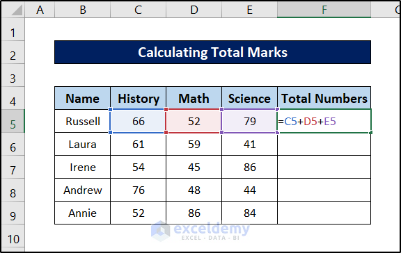 calculating total marks with relative cell reference excel