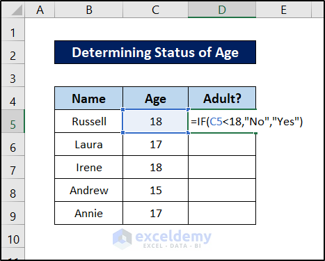 determining status of age using relative cell reference excel