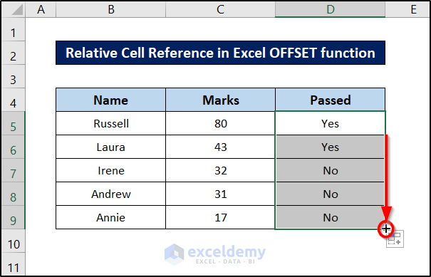 relative cell reference excel offset result