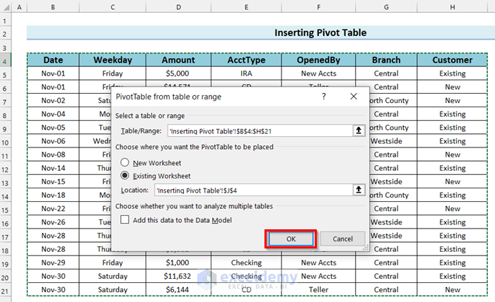 Pivot Table from Table or Range Dialog Box in Excel 