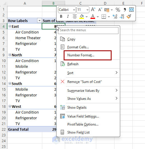 changing number format in pivot table
