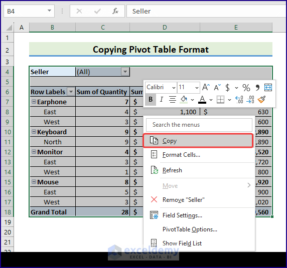 Copy pivot table formatting