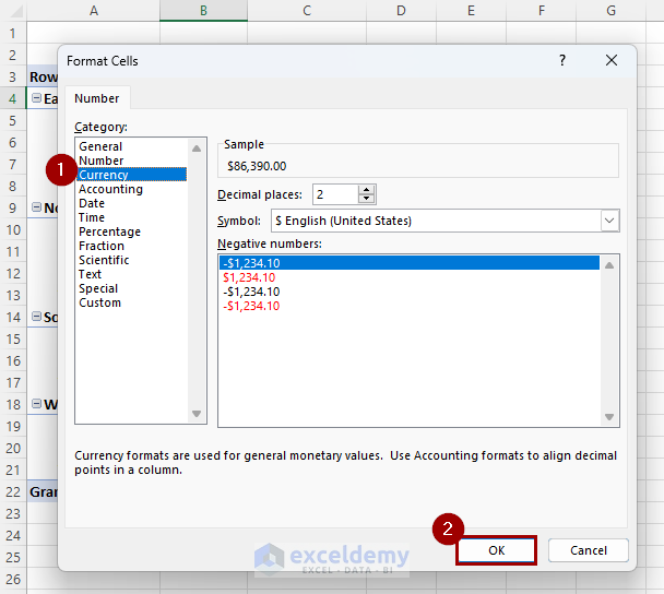 applying currency format in pivot table