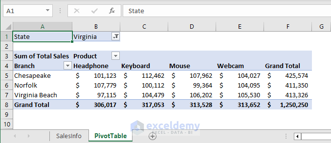 pivot table report showing virginia state