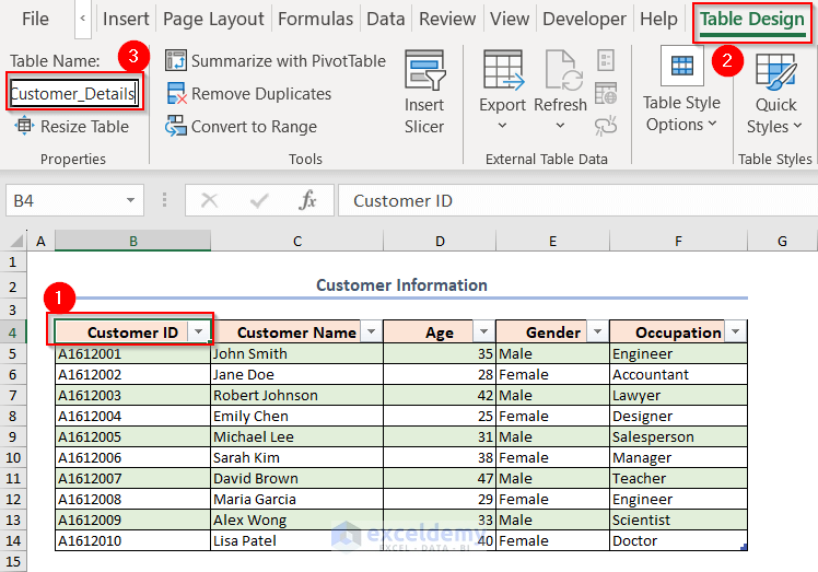 Giving Name to Excel Table