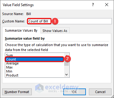 Customize the name of the column and select the required function