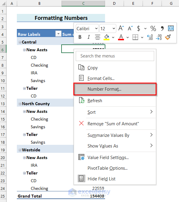 Formatting Numbers in Pivot Table in Excel