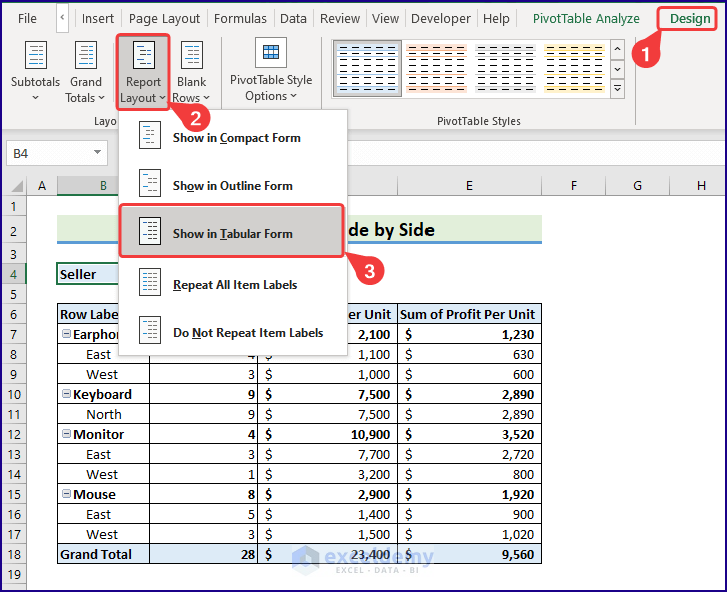 Report layout in tabular form